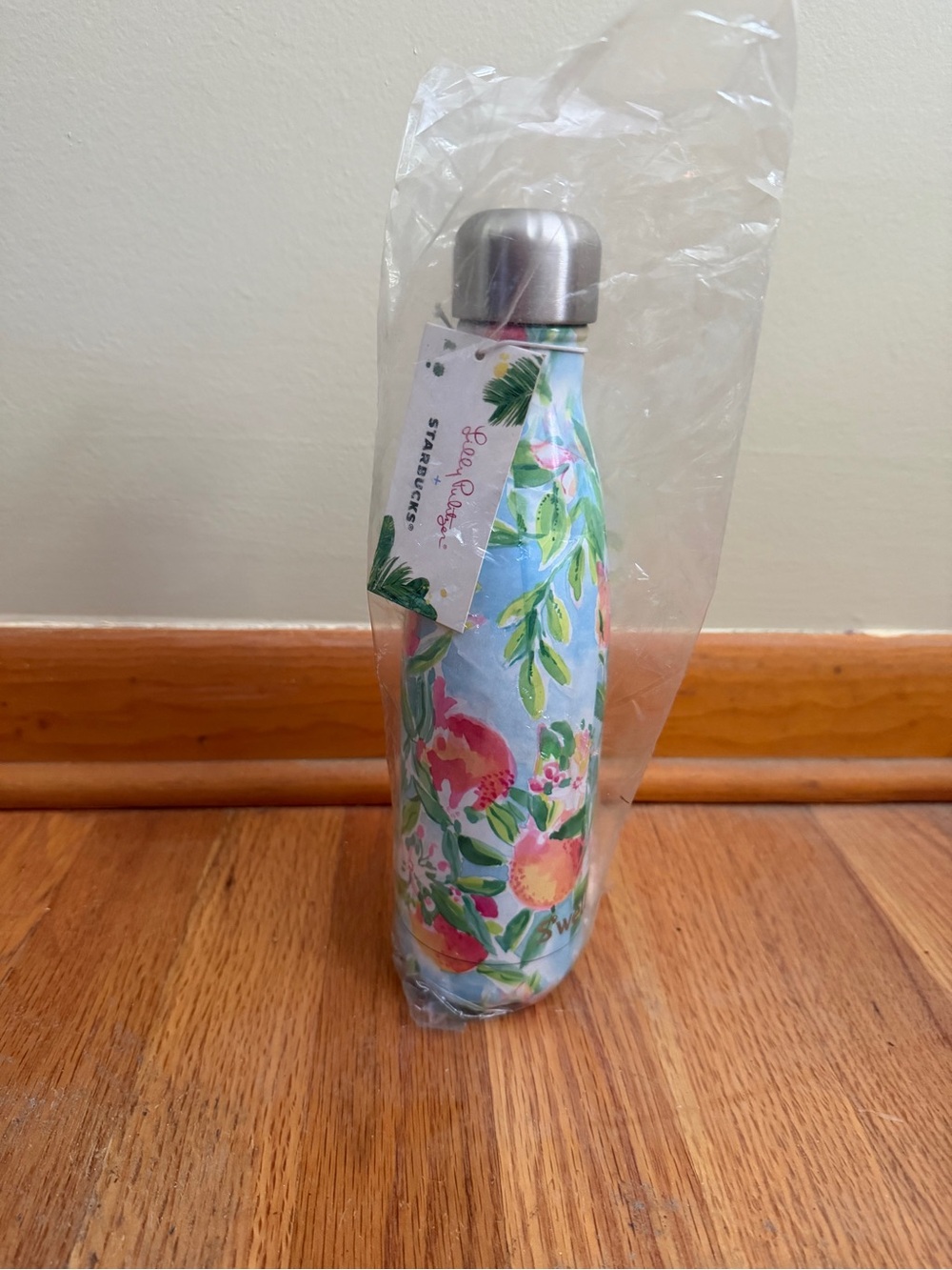 Starbucks Light Blue Floral Water Bottle with Green Leaves